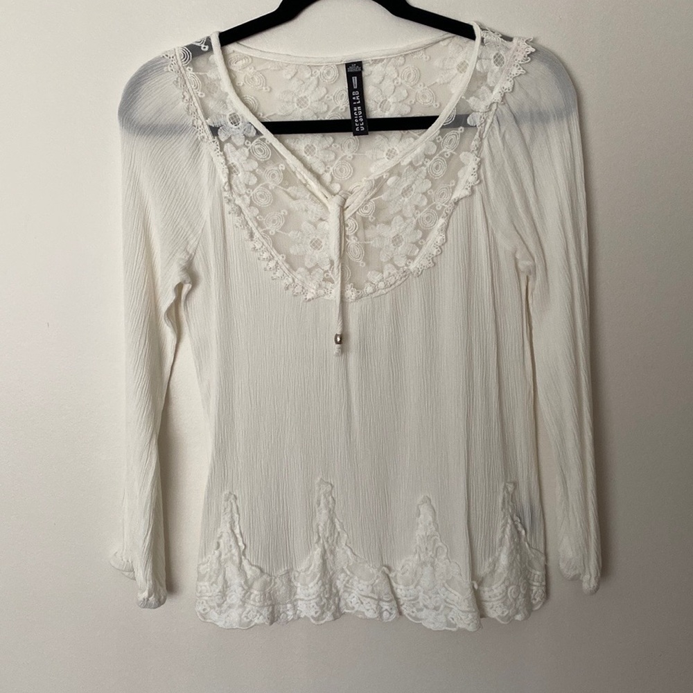 Design Lab small long sleeve cream off white lace and crepe top